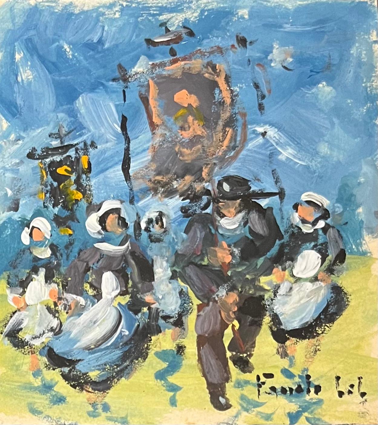 Figurative Painting di Fanch Lel - Pittura a olio impressionista francese con celebrazione di una famiglia bretone sotto un cielo azzurro
