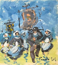 French Impressionist Oil Painting of Breton Family Celebration under a Blue Sky
