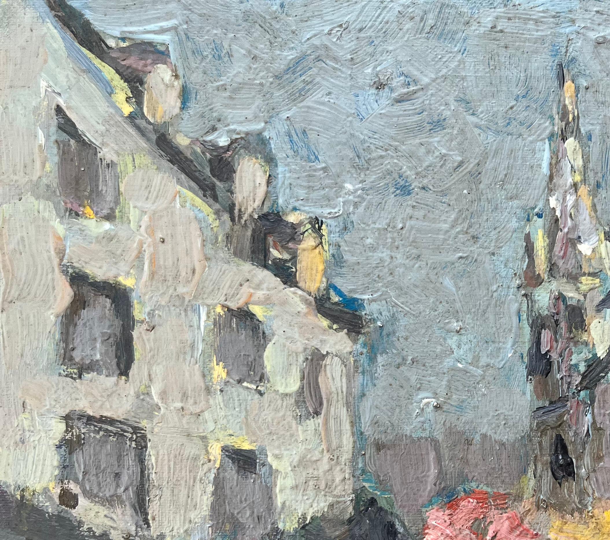 Pintura al óleo impresionista francesa de un pueblo bretón bajo la lluvia en venta 1