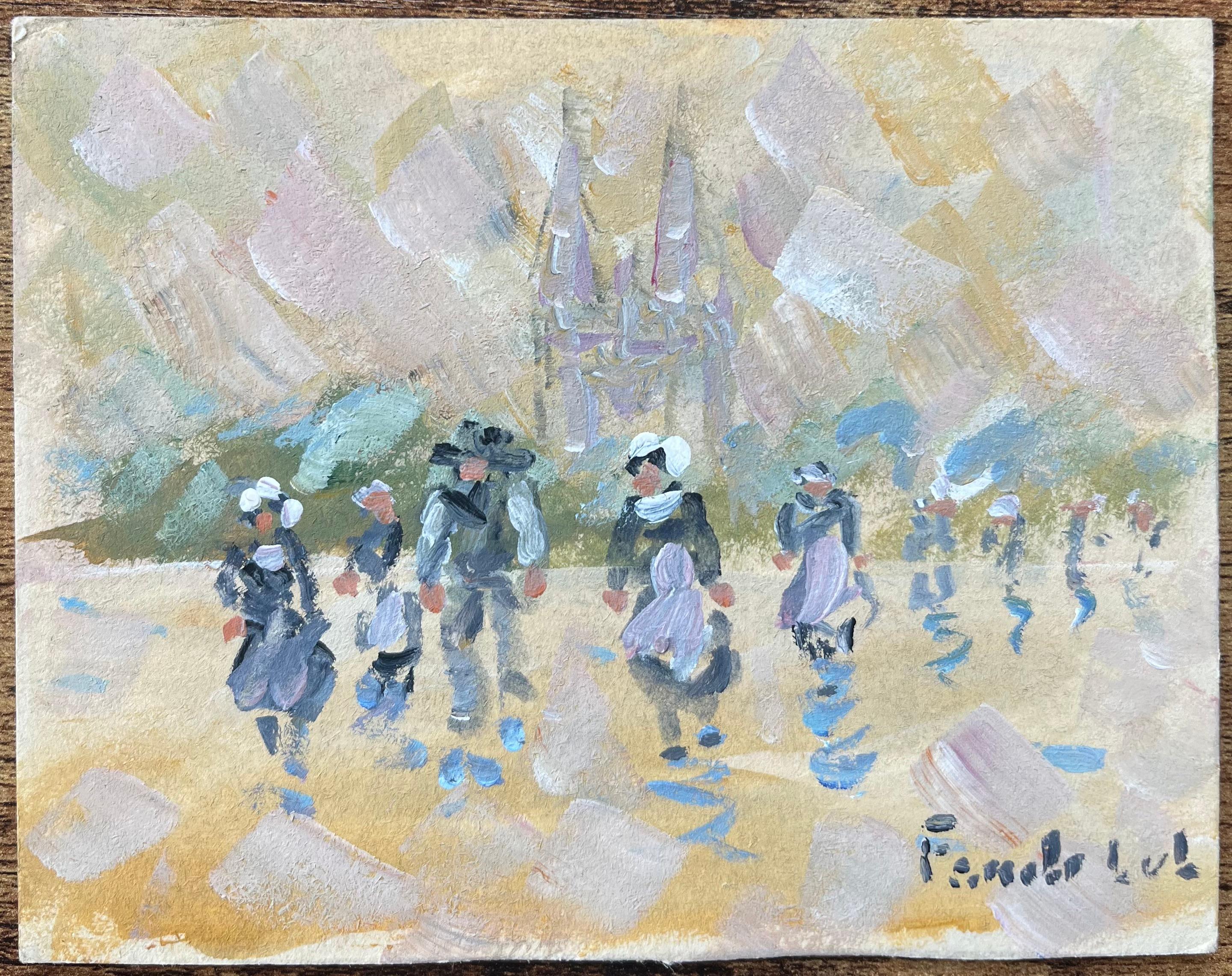 French Impressionist Oil Painting of Breton Women Leaving Church in Quimper - Gray Figurative Painting by Fanch Lel