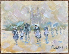 French Impressionist Oil Painting of Breton Women Leaving Church in Quimper