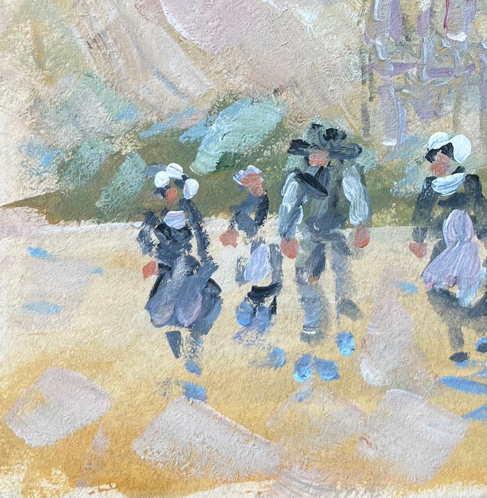 Title: French Impressionist Oil Painting of Breton Women Leaving Church in Quimper
By Fanch Lel (French b. 1930)
Size: 4.75 x 6 inches (height x width)
Signed: Yes
Oil painting on card, unframed
Condition: The painting is in good condition, with