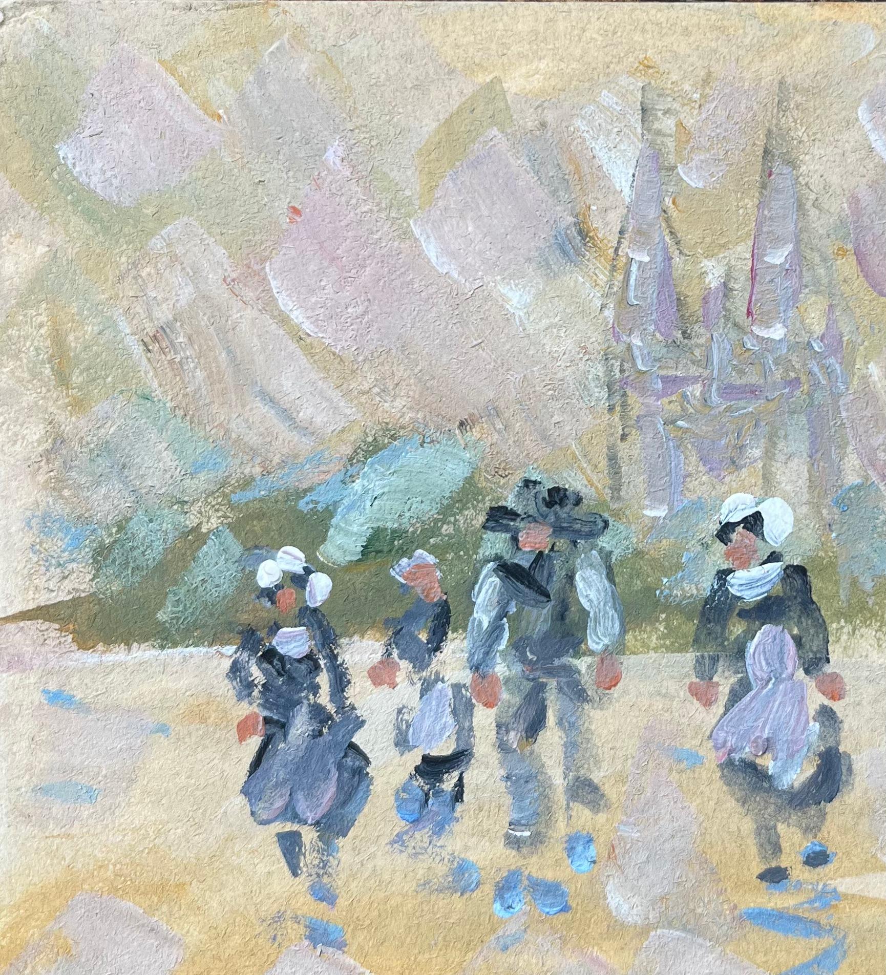 French Impressionist Oil Painting of Breton Women Leaving Church in Quimper For Sale 1