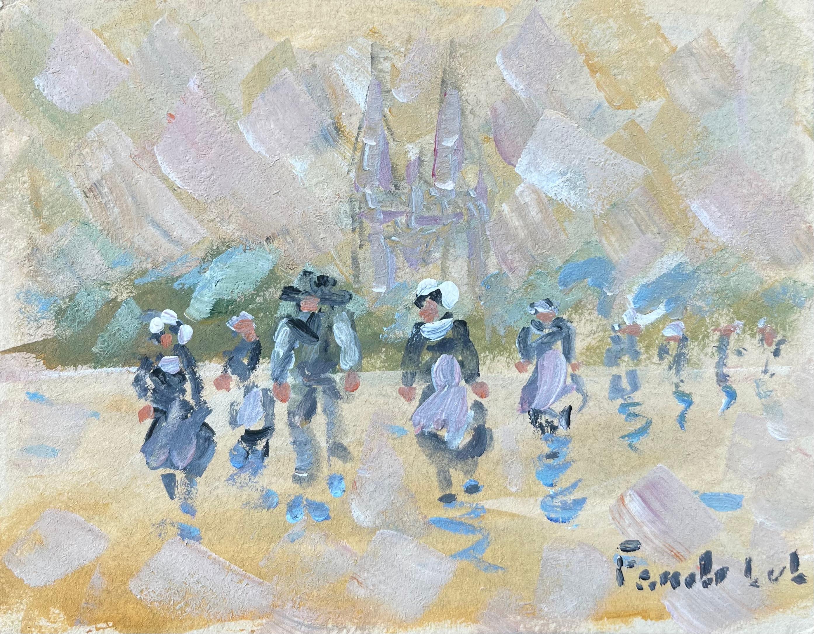 Fanch Lel Figurative Painting - French Impressionist Oil Painting of Breton Women Leaving Church in Quimper