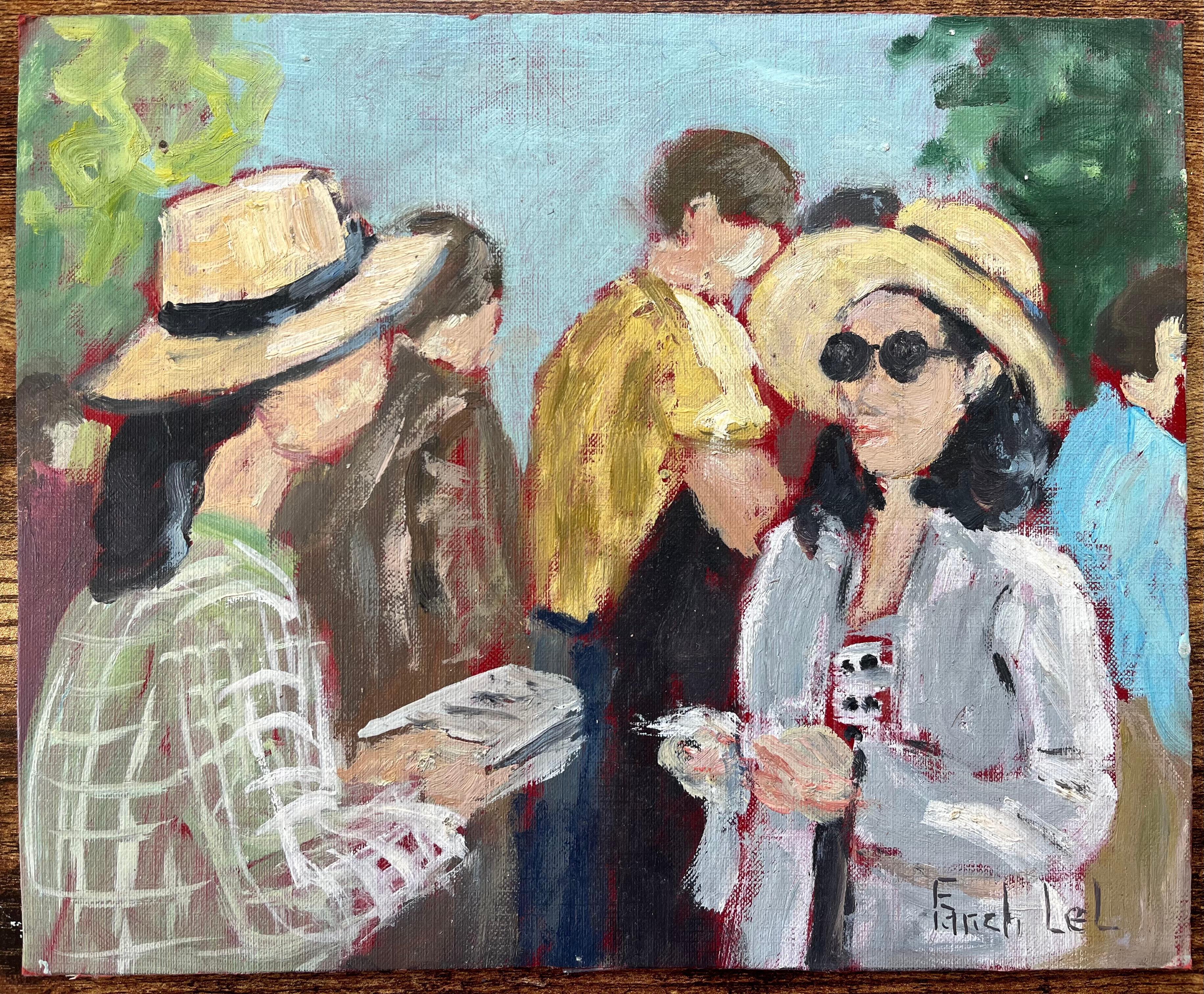 Title: French Impressionist Oil Painting of Bustling Moment at the Market in La Tière
By Fanch Lel (French b. 1930)
Size: 8.75 x 10.75 inches (height x width)
Signed: Yes
Oil painting on board, unframed
Condition: The painting is in good condition,