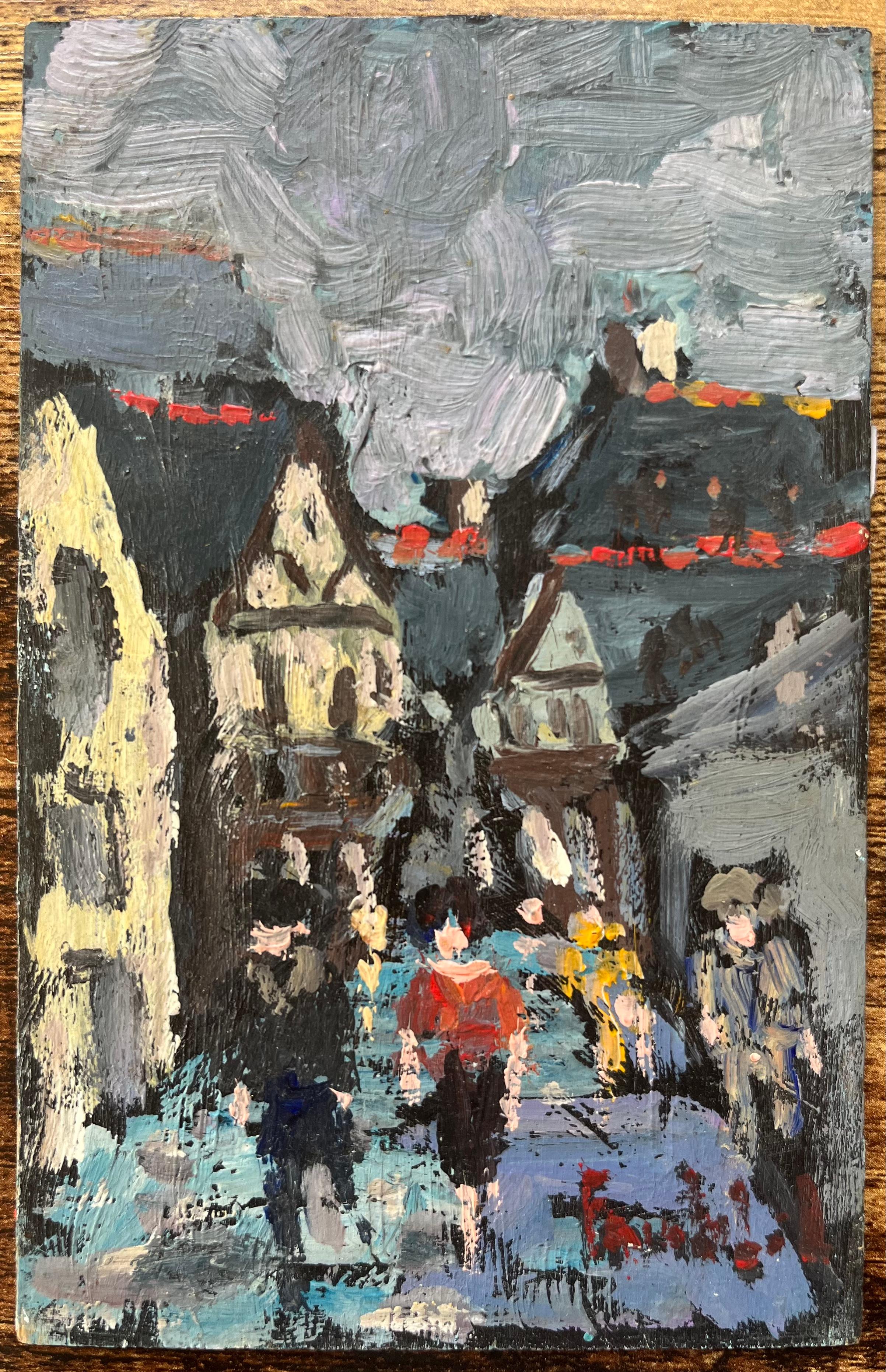 French Impressionist Oil Painting of Bustling Street Scene in a Medieval Town - Gray Figurative Painting by Fanch Lel