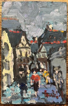 French Impressionist Oil Painting of Bustling Street Scene in a Medieval Town