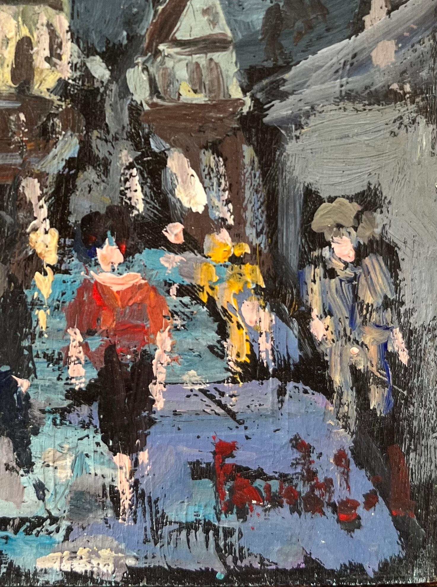 Title: French Impressionist Oil Painting of Bustling Street Scene in a Medieval Town 
By Fanch Lel (French b. 1930)
Size: 5.5 x 3.5 inches (height x width)
Signed: Yes
Oil painting on board, unframed
Condition: The painting is in good