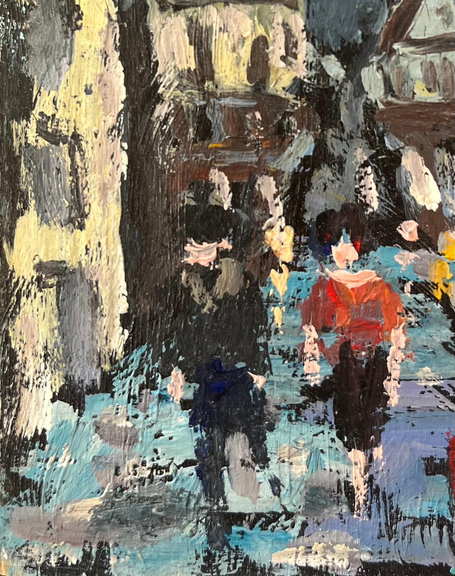 French Impressionist Oil Painting of Bustling Street Scene in a Medieval Town For Sale 1