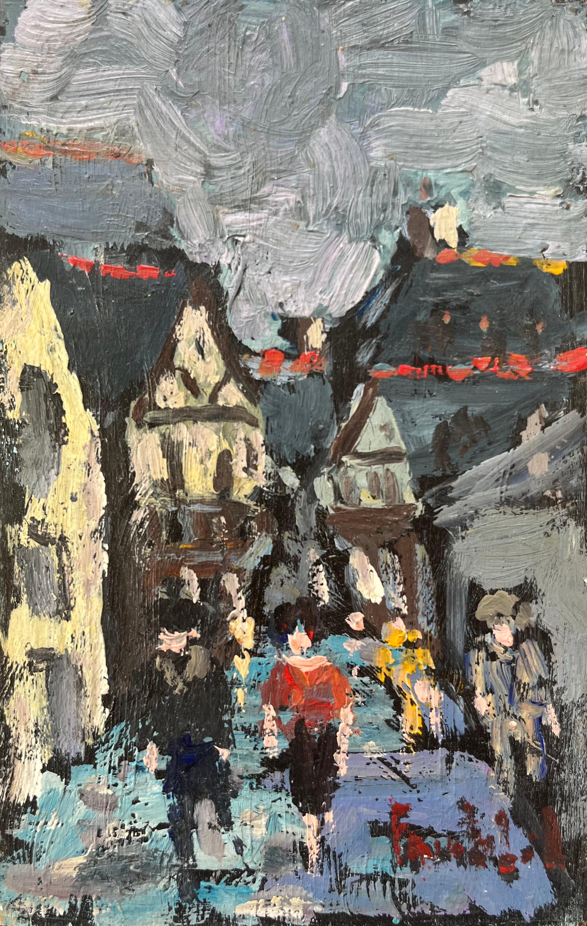 Fanch Lel Figurative Painting - French Impressionist Oil Painting of Bustling Street Scene in a Medieval Town