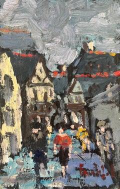 French Impressionist Oil Painting of Bustling Street Scene in a Medieval Town