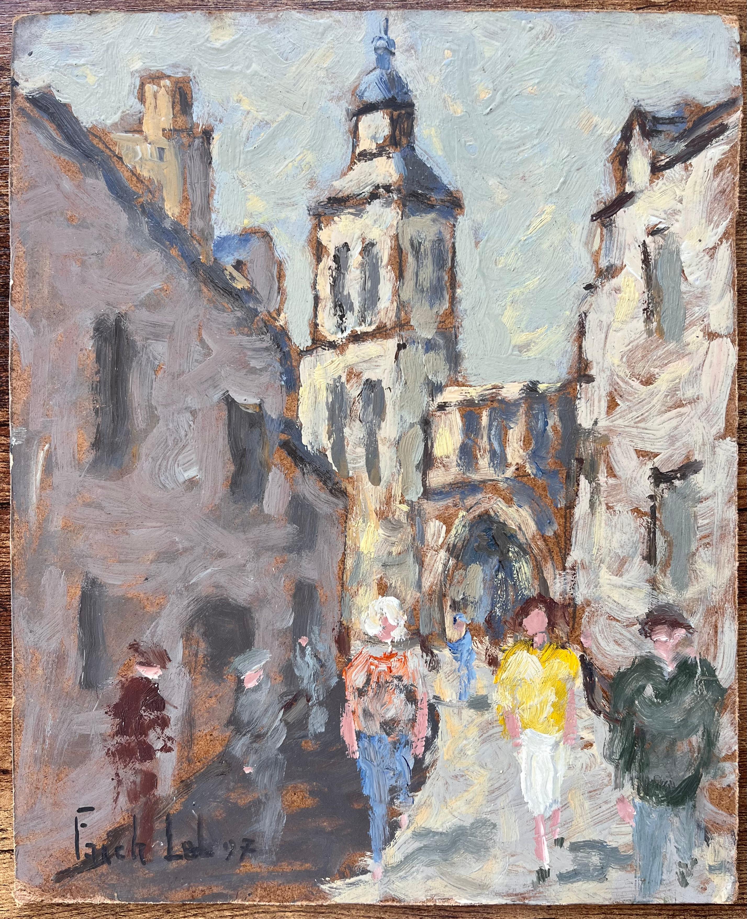 Französischer Impressionist Ölgemälde von belebten Straßenszene in Dieulefit Drôme – Painting von Fanch Lel
