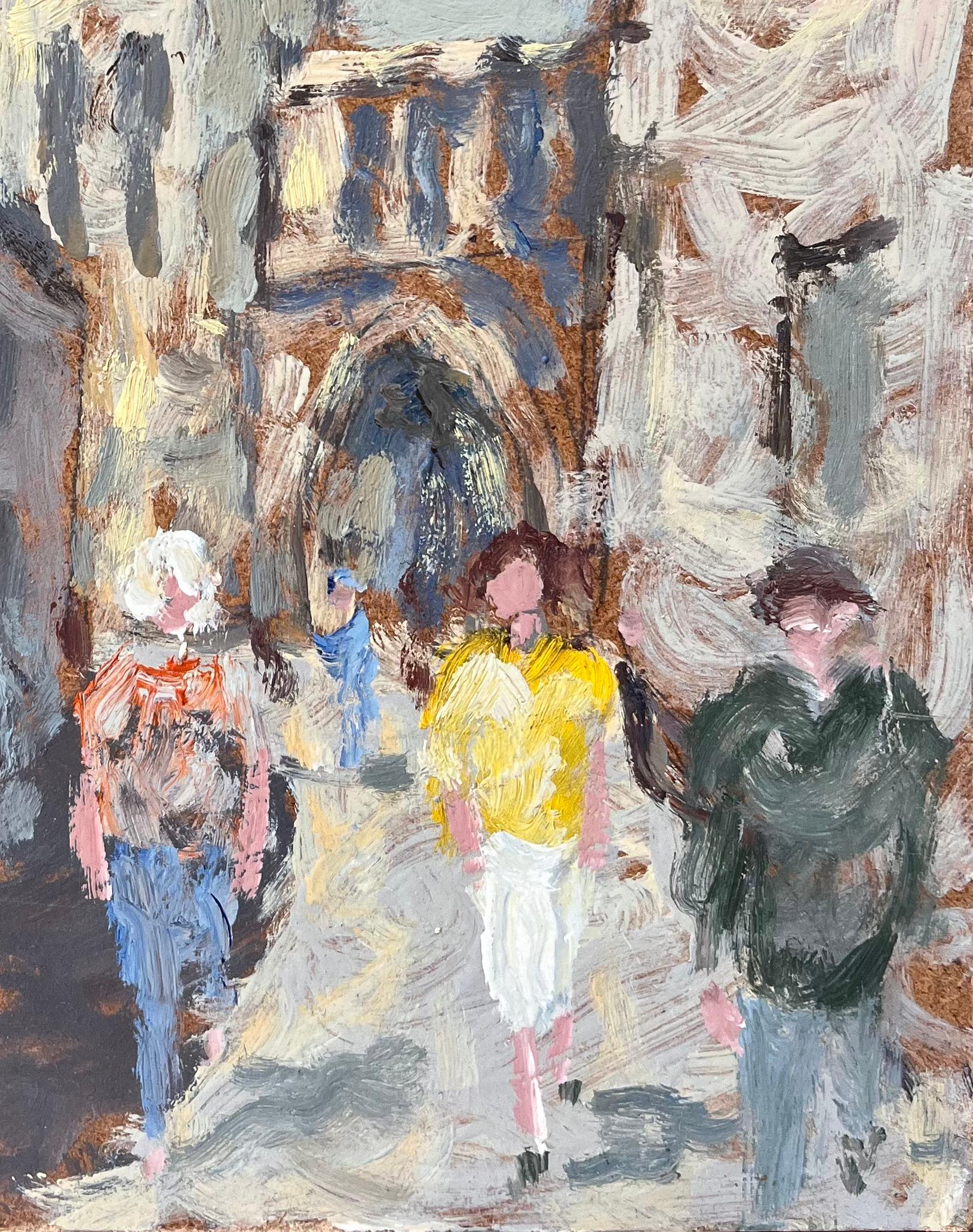 Französischer Impressionist Ölgemälde von belebten Straßenszene in Dieulefit Drôme (Grau), Figurative Painting, von Fanch Lel