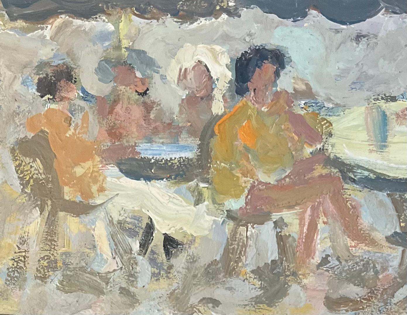 Pintura al óleo impresionista francesa de Café reunido bajo sombrillas - Figurative Painting Gris de Fanch Lel