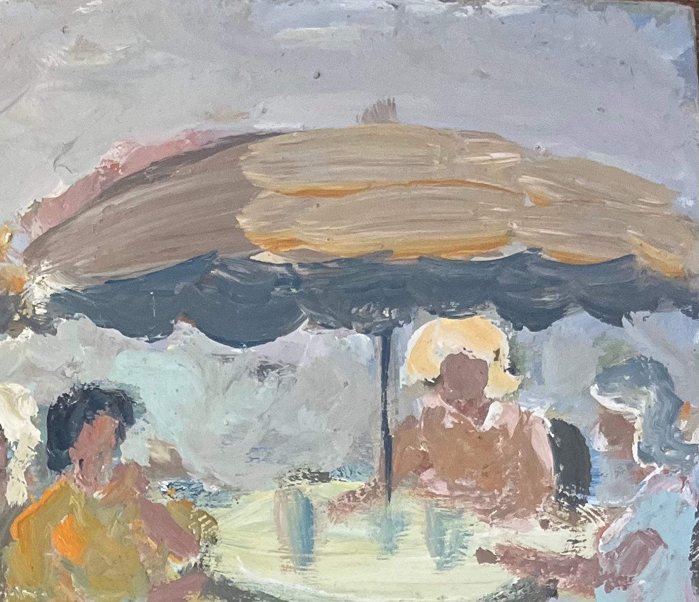 Título: Pintura al óleo impresionista francesa de Café reunido bajo sombrillas
Por Fanch Lel (francés, 1930)
Tamaño: 8,75 x 10,75 pulgadas (alto x ancho)
Óleo sobre tabla, sin enmarcar
Estado de conservación: El cuadro está en buen estado, con