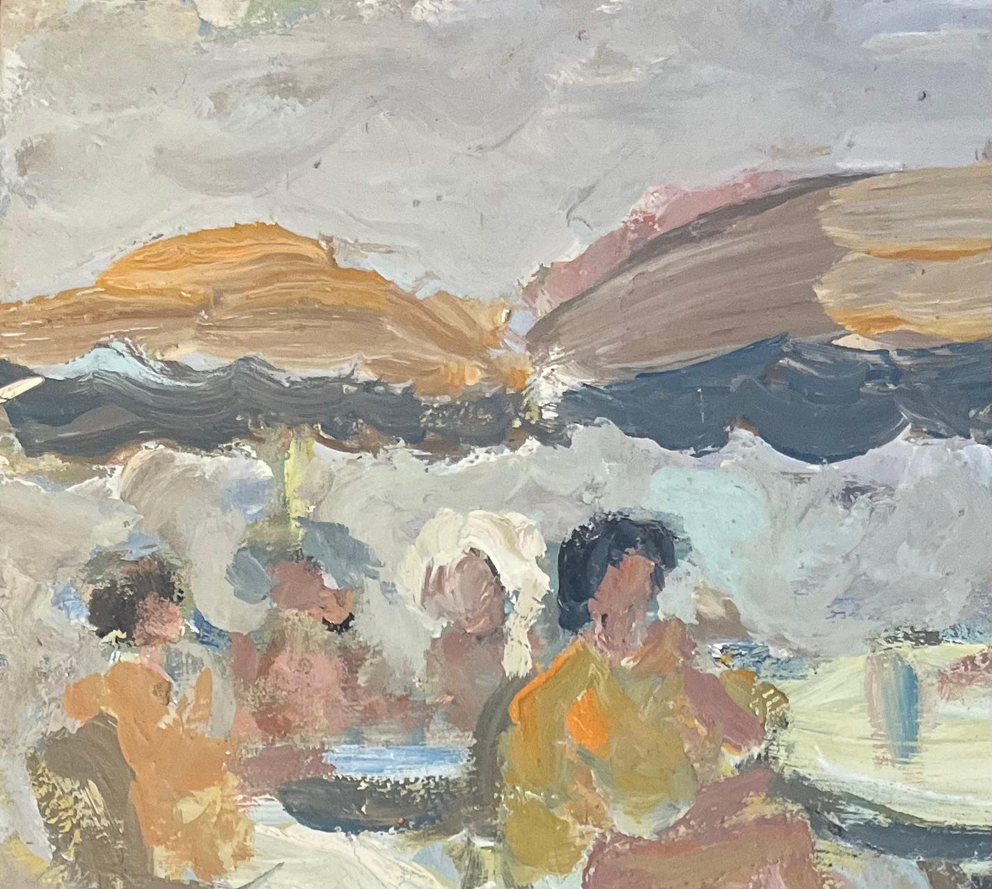 Pintura al óleo impresionista francesa de Café reunido bajo sombrillas 1
