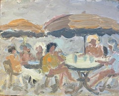 Pintura al óleo impresionista francesa de Café reunido bajo sombrillas