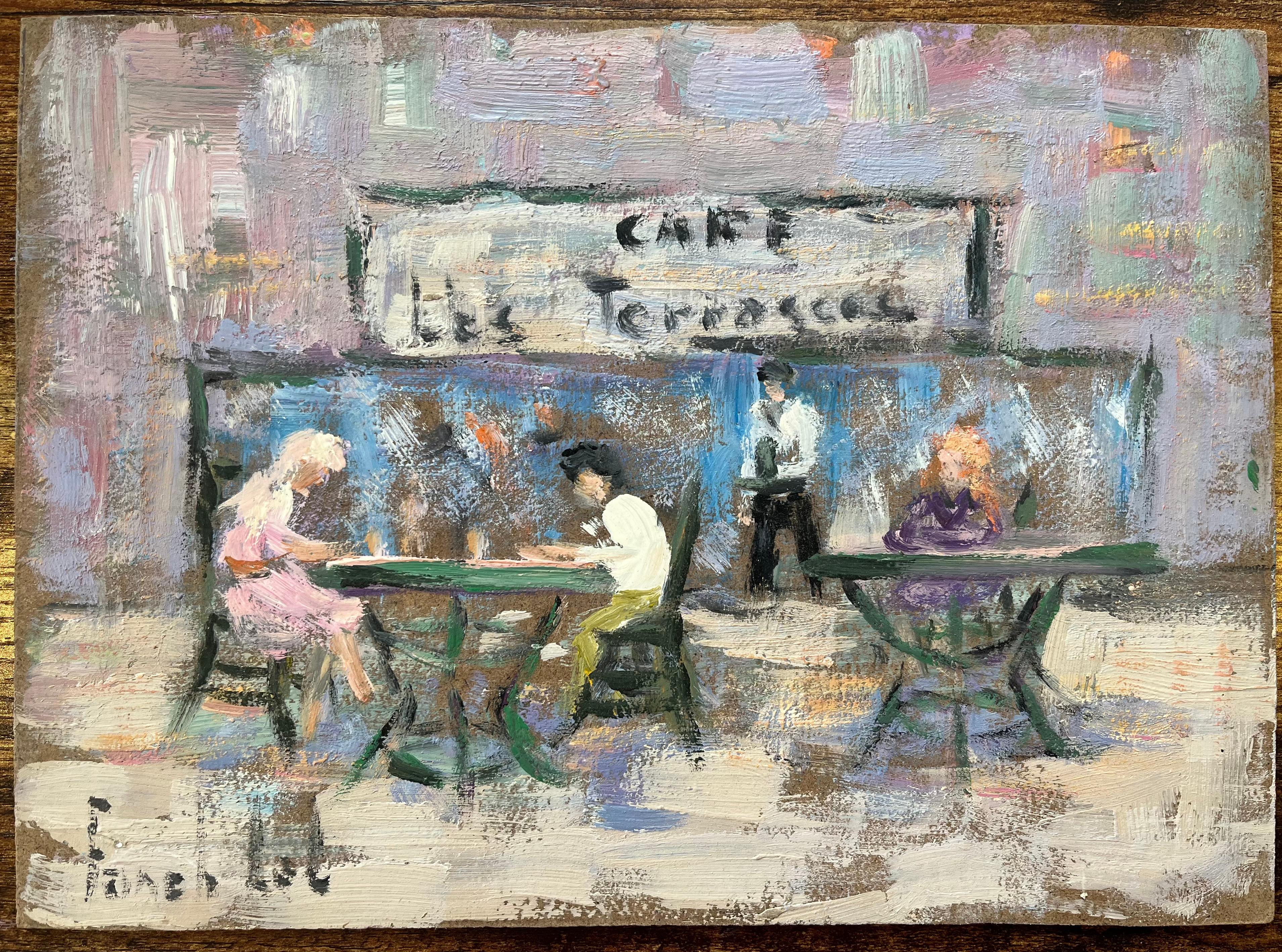 French Impressionist Oil Painting of Café Scene at Café des Terrasses - Gray Landscape Painting by Fanch Lel