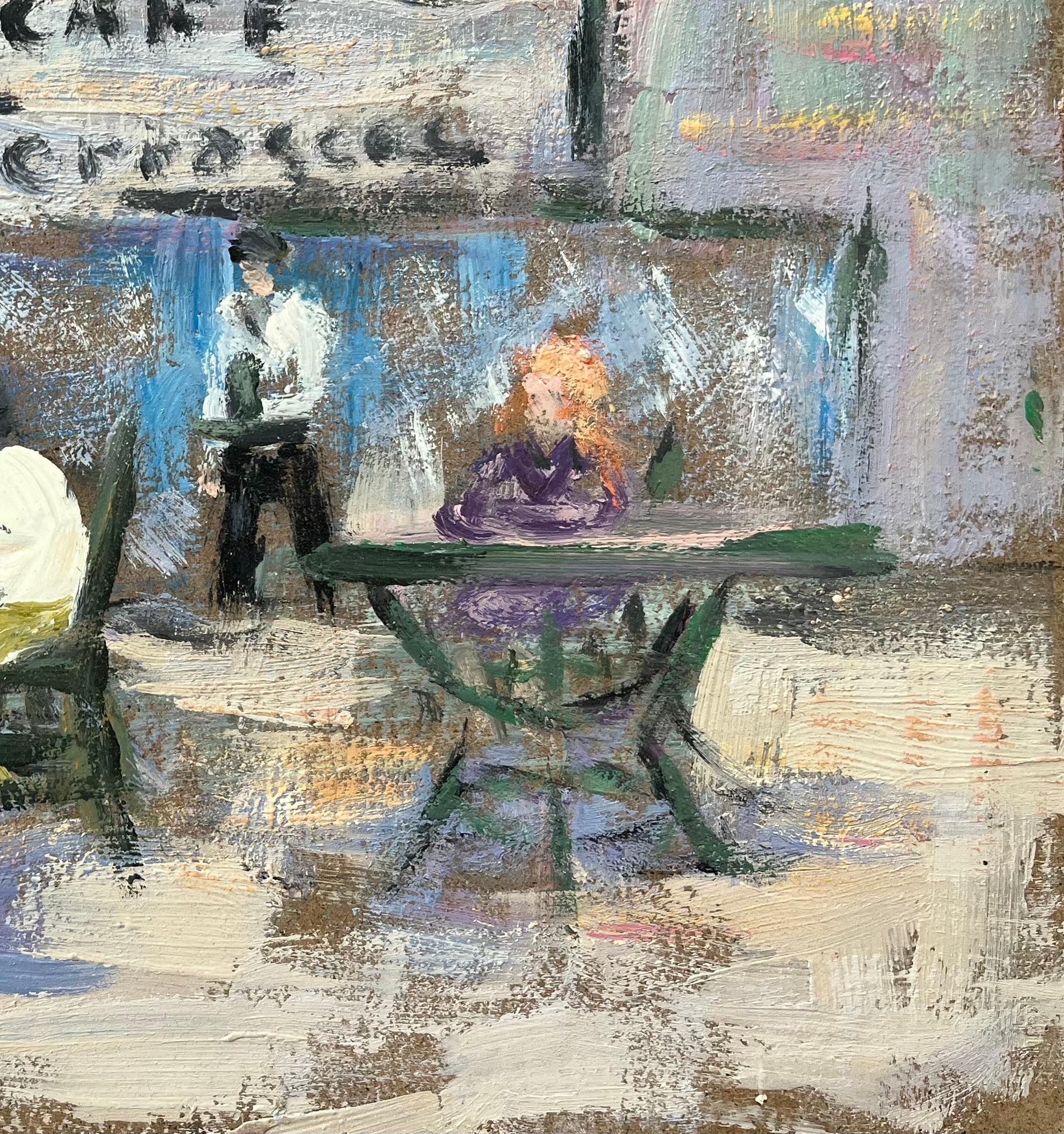 Title: French Impressionist Oil Painting of Café Scene at Café des Terrasses
By Fanch Lel (French b. 1930)
Size: 9 x 12.5 inches (height x width)
Signed: Yes
Oil painting on board, unframed
Condition: The painting is in good condition, with minor