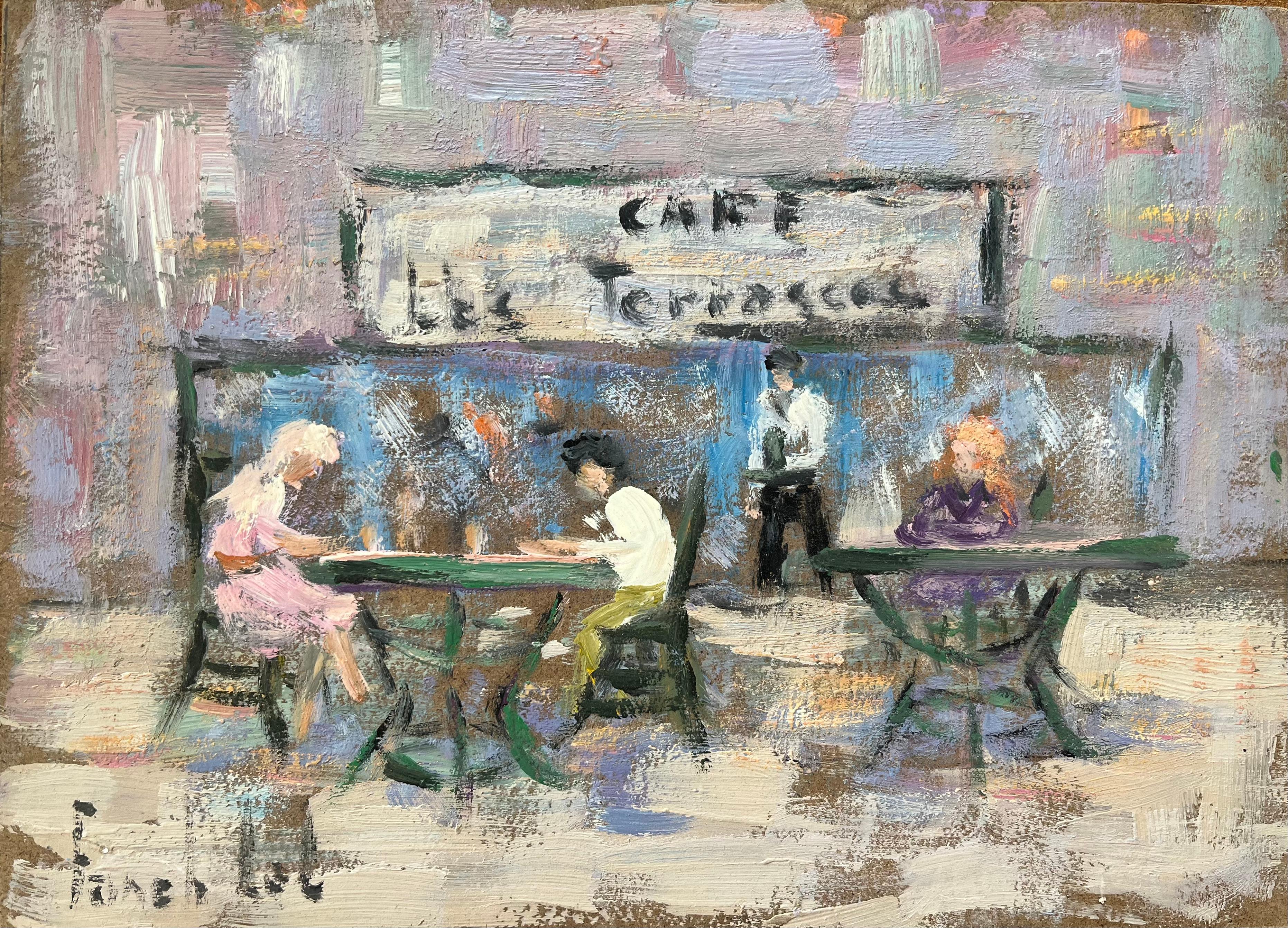 Fanch Lel Landscape Painting - French Impressionist Oil Painting of Café Scene at Café des Terrasses
