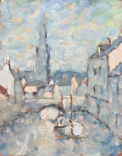 French Impressionist Oil Painting of Canal Scene in Harfleur with Church Spire