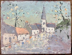 French Impressionist Oil Painting of Charming Village Scene with Spired Church