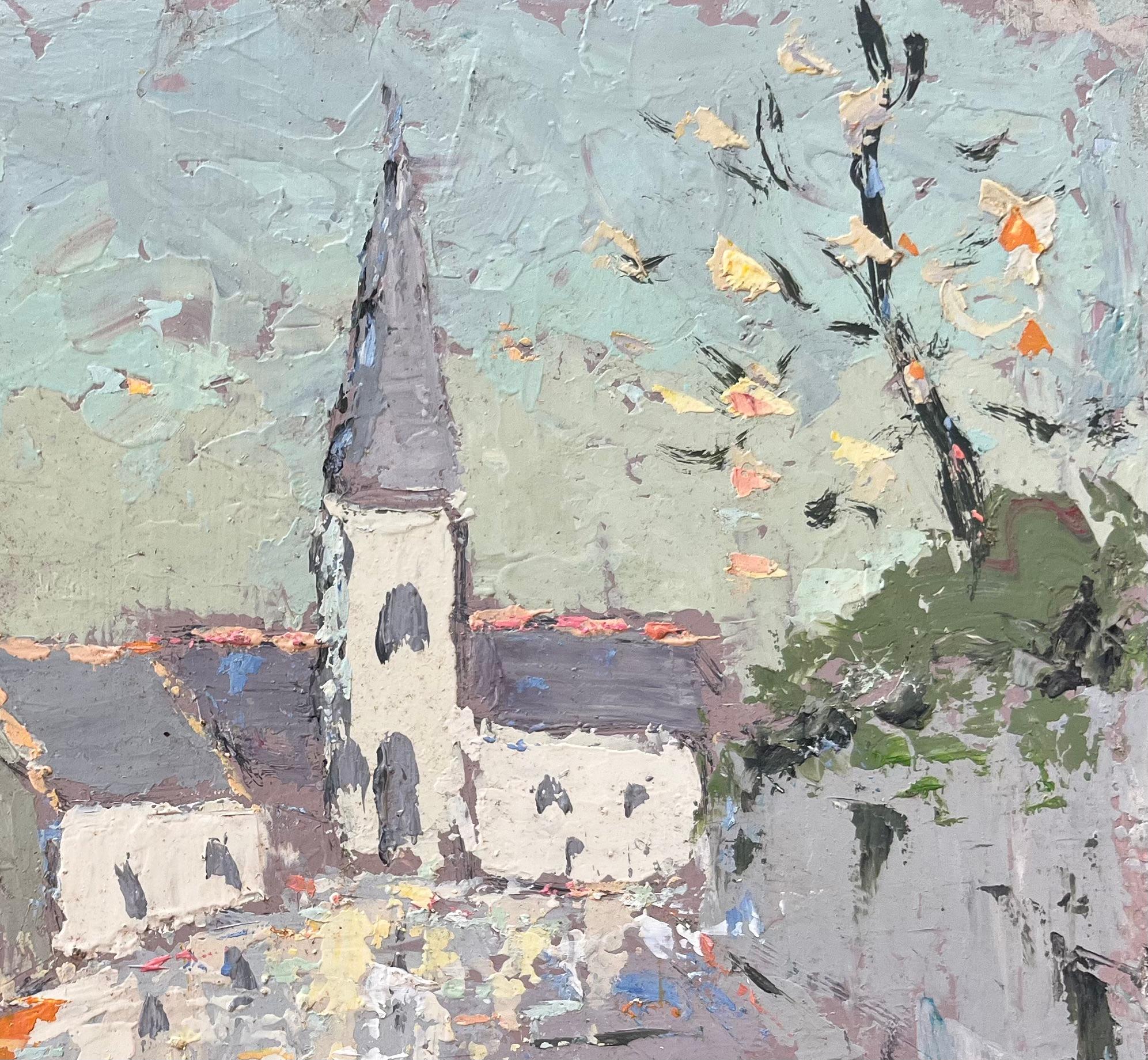 Title: French Impressionist Oil Painting of Charming Village Scene with Spired Church
By Fanch Lel (French b. 1930)
Size: 7.25 x 9.75 inches (height x width)
Oil painting on board, unframed
Condition: The painting is in good condition, with minor