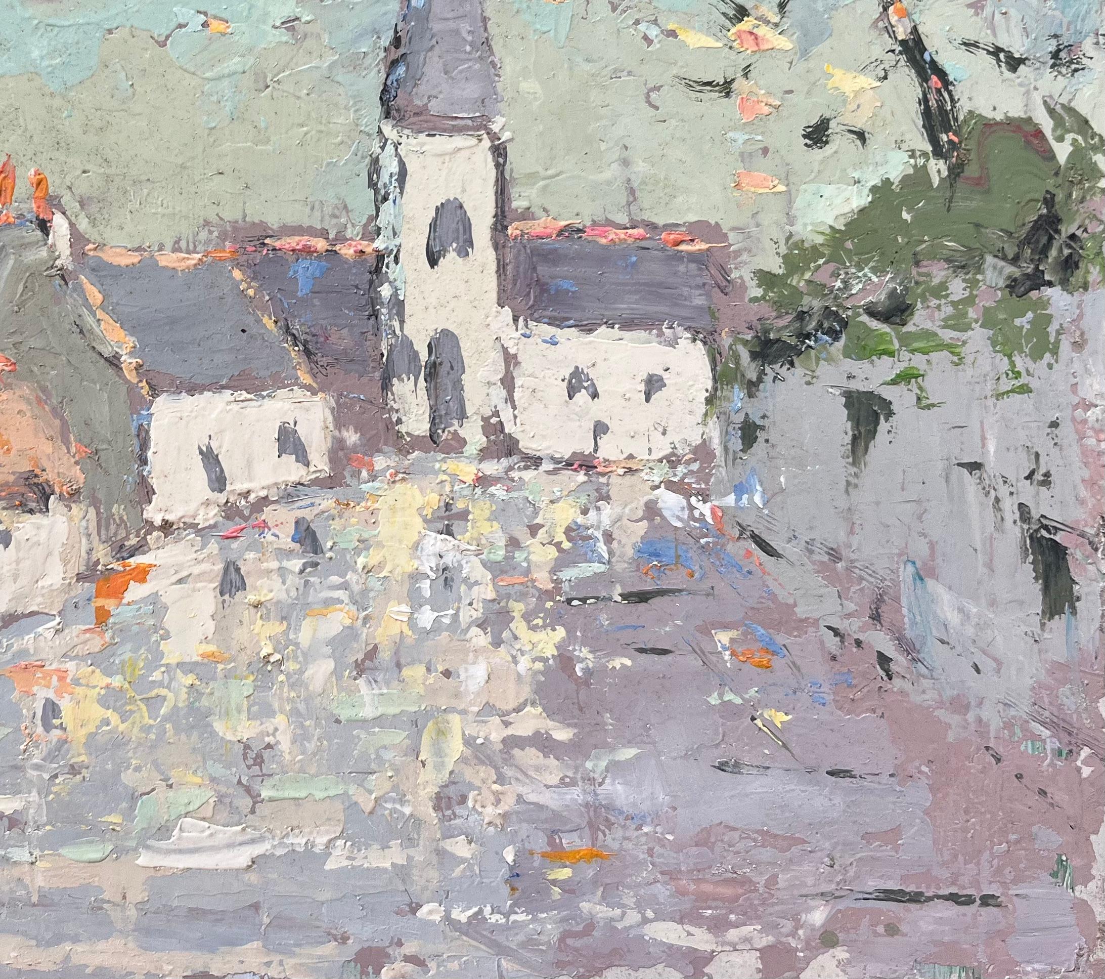 French Impressionist Oil Painting of Charming Village Scene with Spired Church For Sale 1