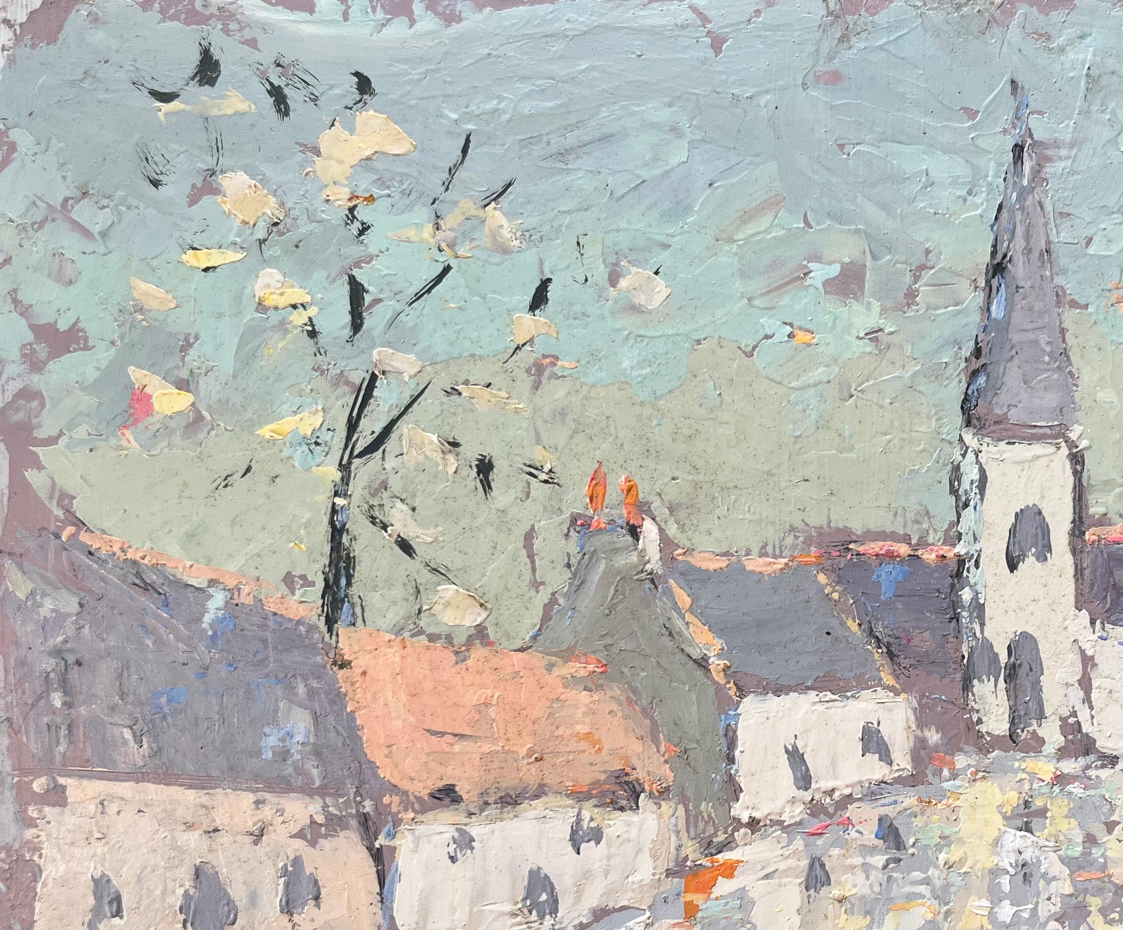 French Impressionist Oil Painting of Charming Village Scene with Spired Church For Sale 3