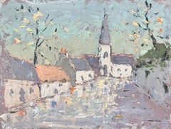 French Impressionist Oil Painting of Charming Village Scene with Spired Church