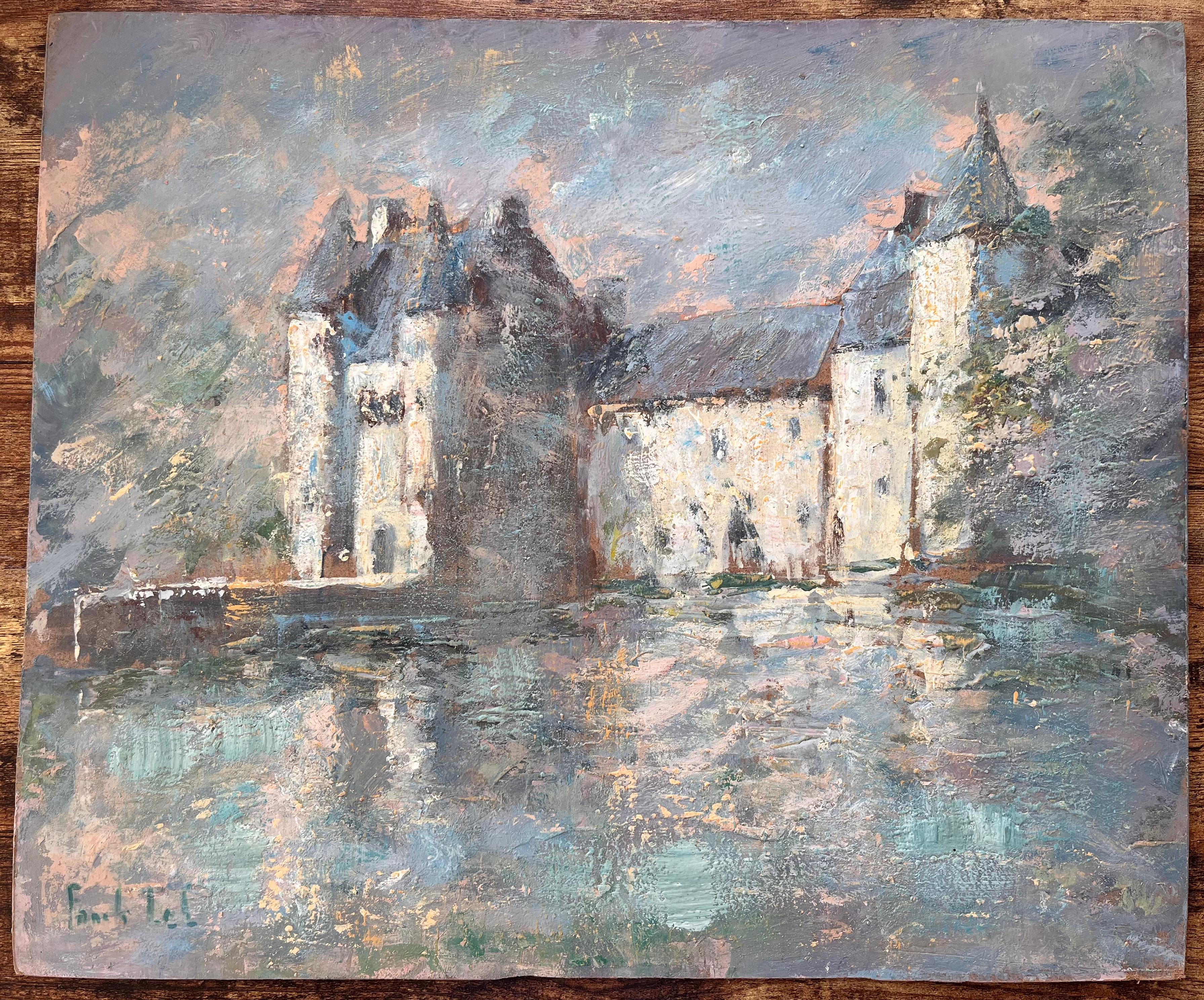 French Impressionist Oil Painting of Château de Trécesson in Brittany - Gray Abstract Painting by Fanch Lel