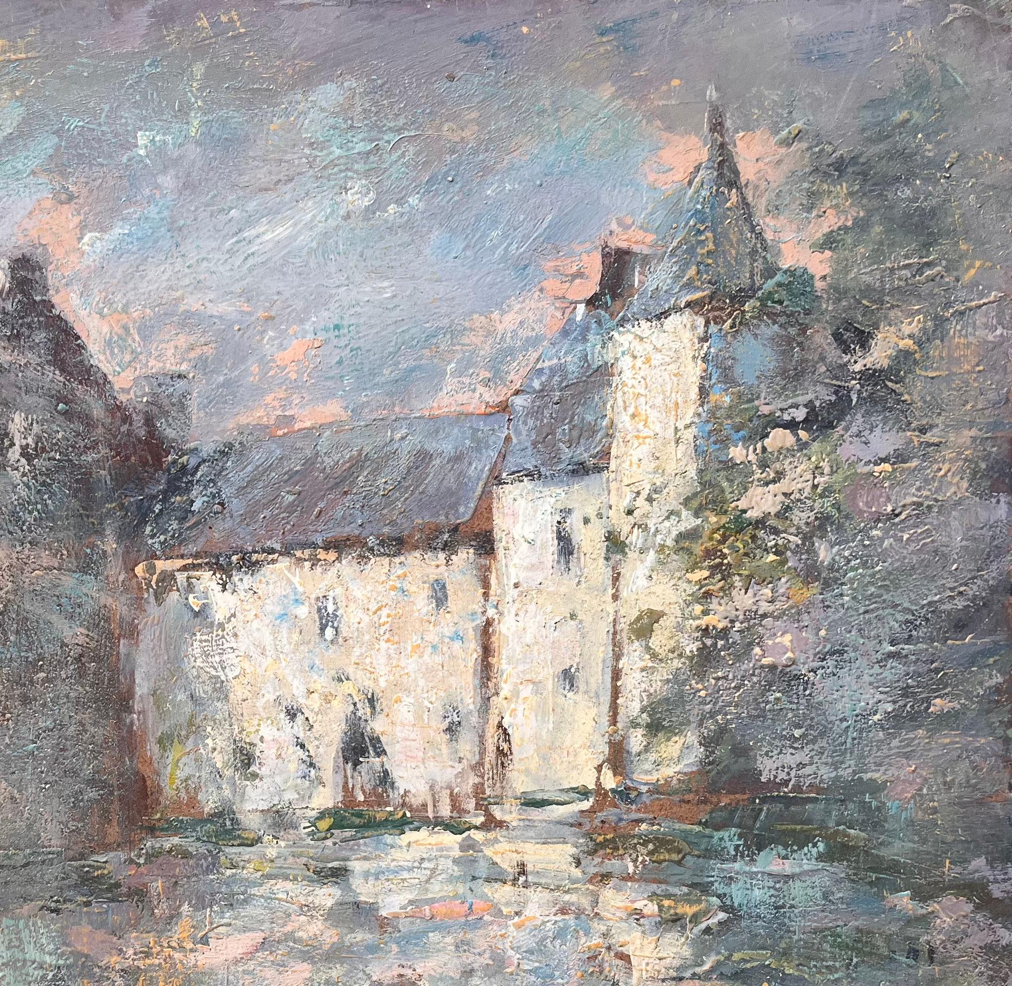 Title: French Impressionist Oil Painting of Château de Trécesson in Brittany
By Fanch Lel
Signed: yes
Size: 15 x 18 inches (height x width)
Oil painting on board, unframed
Condition: The painting is in good condition with minor signs of wear and