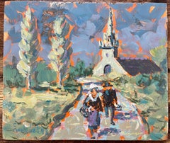 Französisches impressionistisches Ölgemälde einer Kirche und eines Dorfes mit Figuren, im Impressionismus
