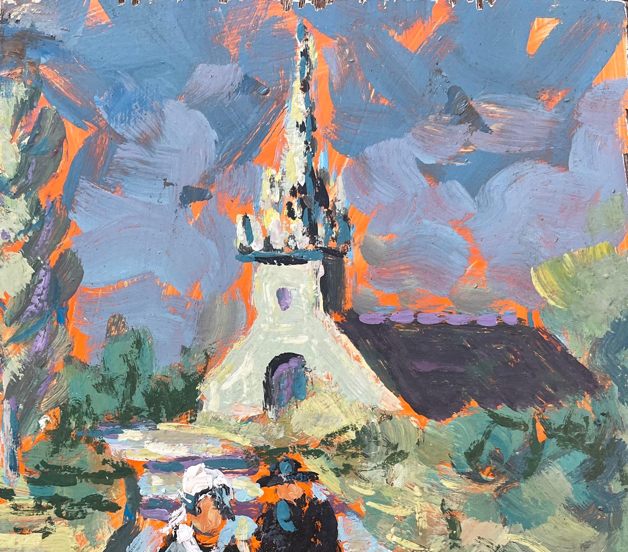 Título: Pintura al óleo impresionista francesa de escena de iglesia y pueblo con figuras
Por Fanch Lel (francés, 1930)
Tamaño: 10 x 11,75 pulgadas (alto x ancho)
Firmado: Sí
Óleo sobre tabla, sin enmarcar
Estado de conservación: El cuadro está en