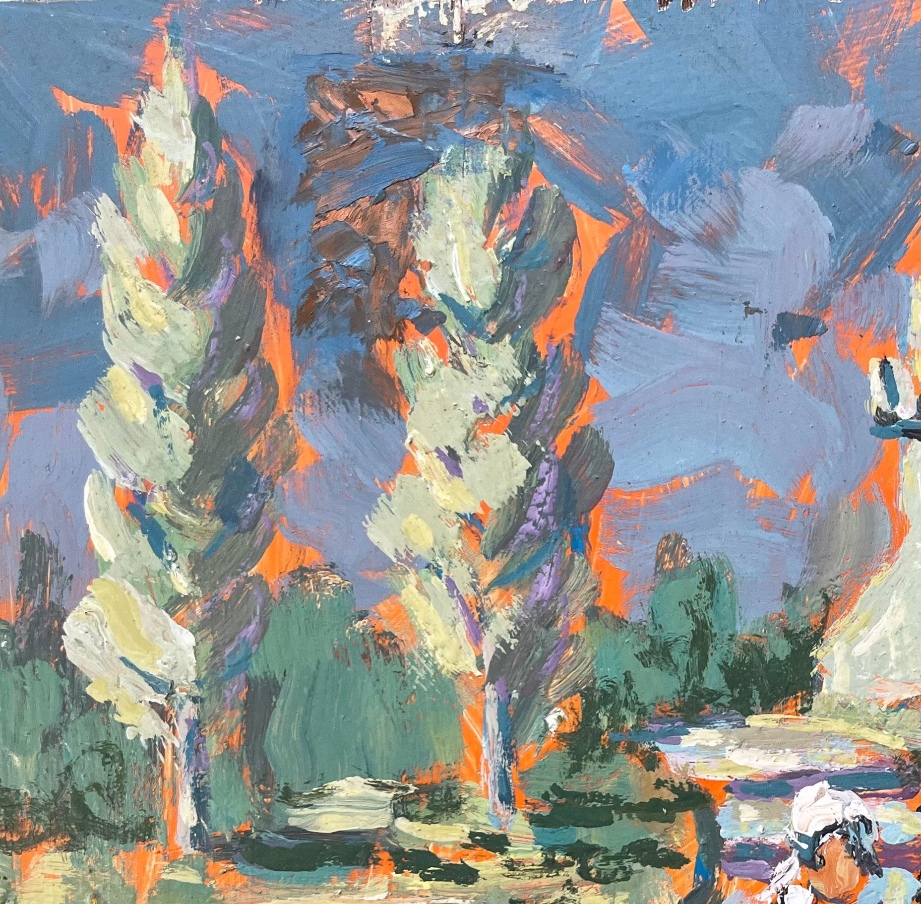 Pintura al óleo impresionista francesa de escena de iglesia y pueblo con figuras en venta 1