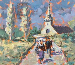 French Impressionist Oil Painting of Church and Village Scene with Figures