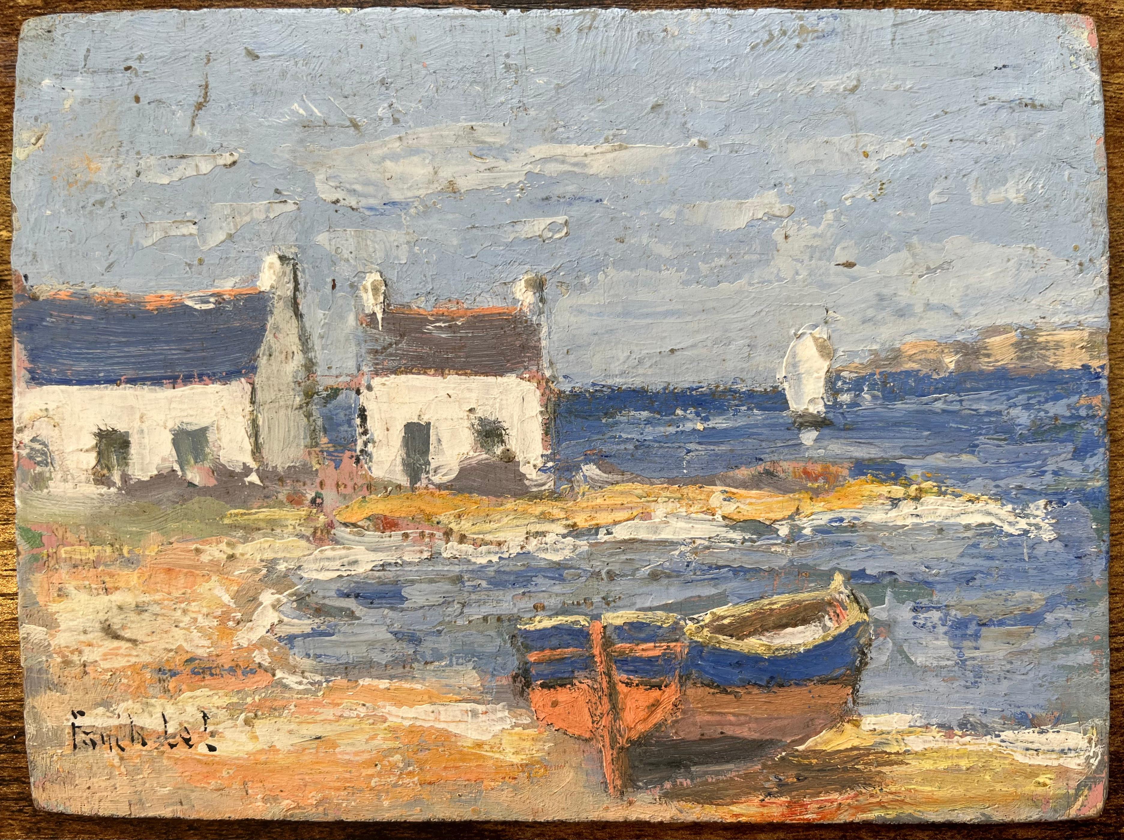 Pittura a olio impressionista francese con cottage e barche sulla costa - Painting di Fanch Lel