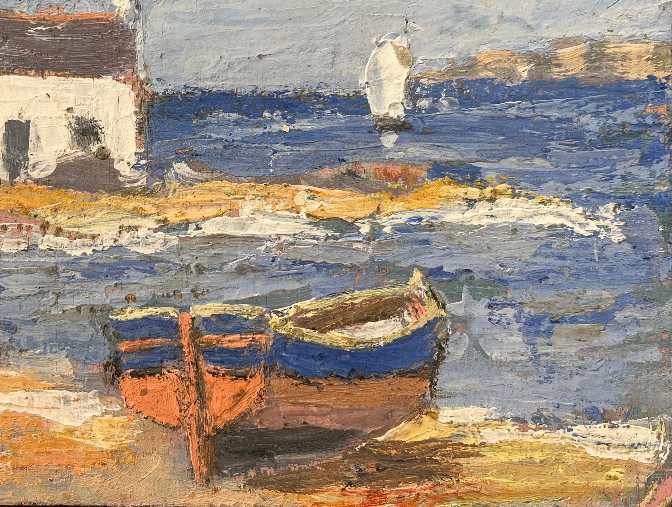 Pittura a olio impressionista francese con cottage e barche sulla costa - Painting Impressionismo di Fanch Lel