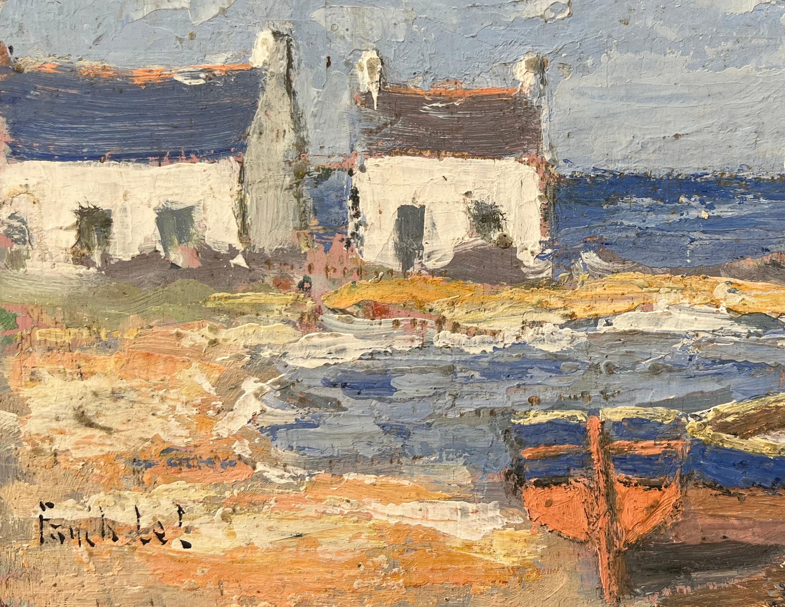 Titolo: Pittura a olio impressionista francese di cottage e barche sulla costa
Di Fanch Lel (francese, nato nel 1930)
Dimensioni: 6 x 8 pollici (altezza x larghezza)
Firmato: Yes One
Pittura a olio su tavola, senza cornice
Condit: Il dipinto è in