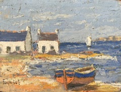 Pittura a olio impressionista francese con cottage e barche sulla costa