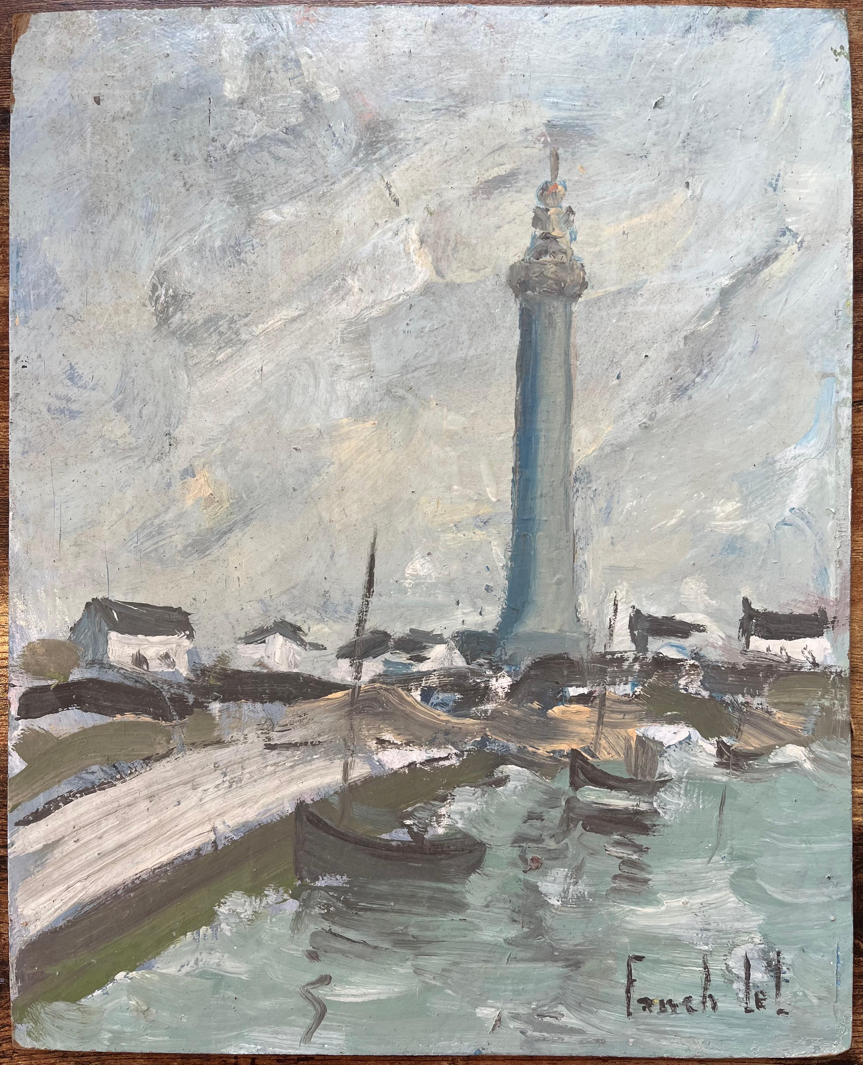 Óleo Impresionista Francés de Monumento Costero bajo Cielo Nublado - Painting de Fanch Lel