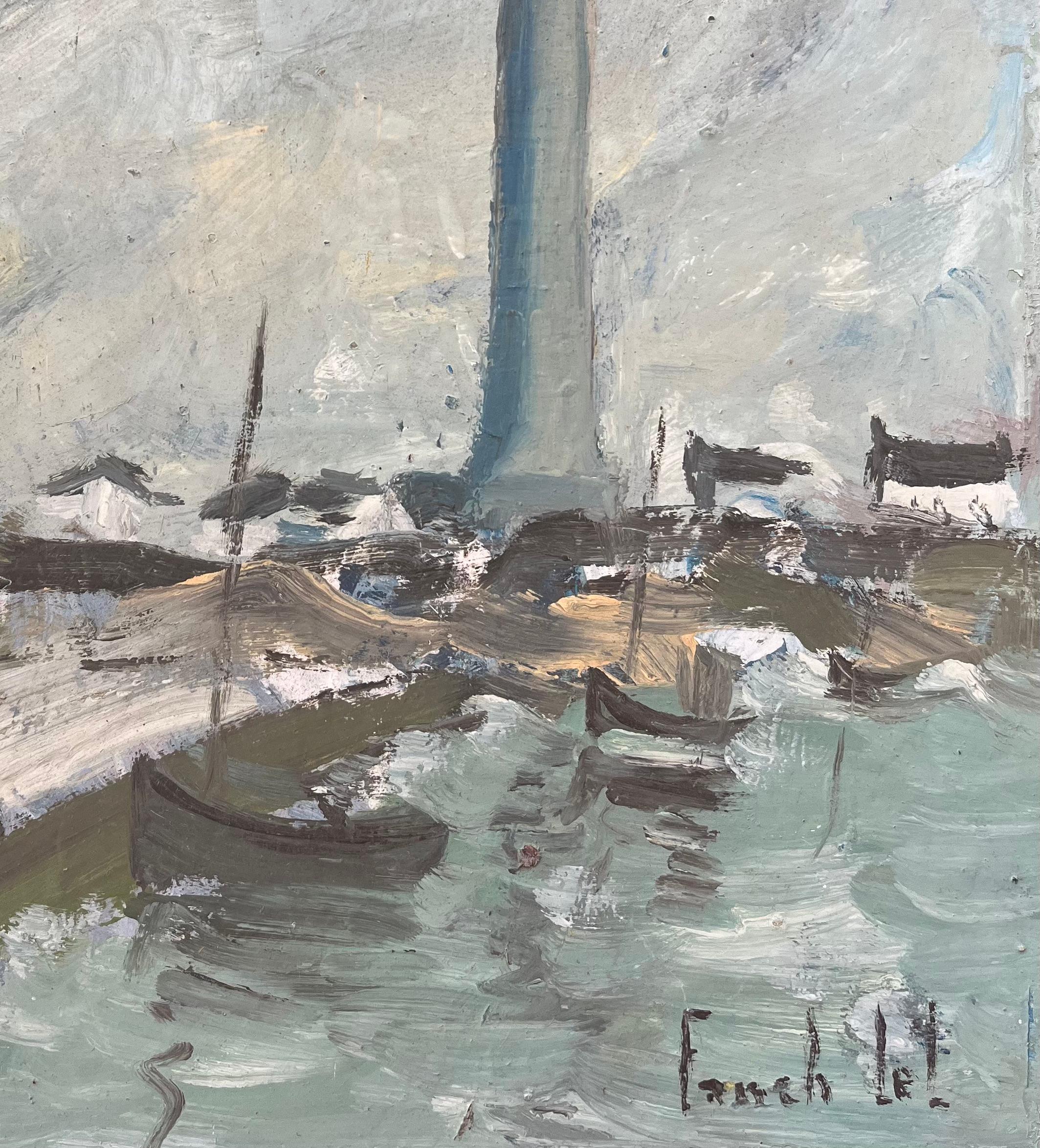 Óleo Impresionista Francés de Monumento Costero bajo Cielo Nublado - Landscape Painting Gris de Fanch Lel