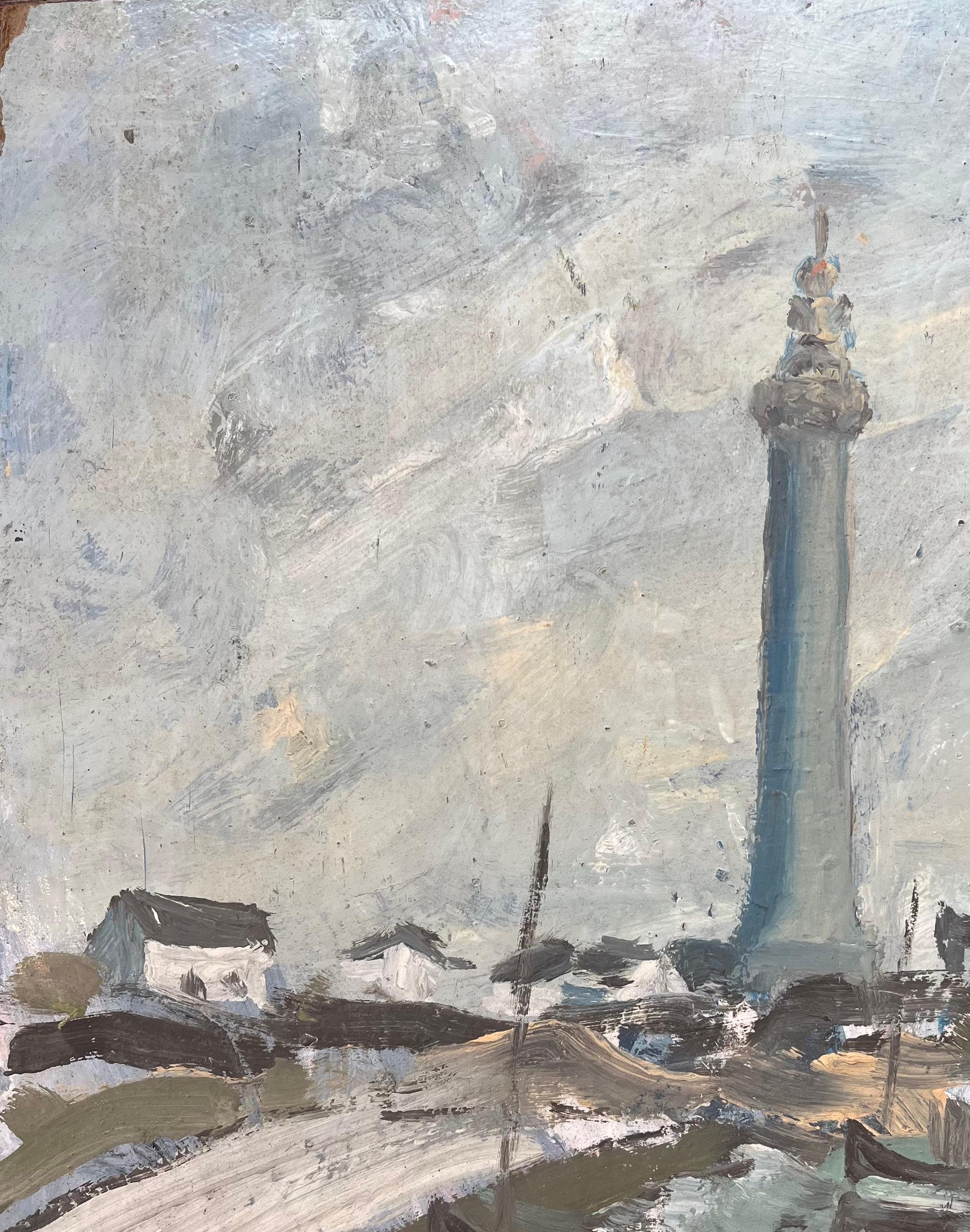 Óleo Impresionista Francés de Monumento Costero bajo Cielo Nublado en venta 2