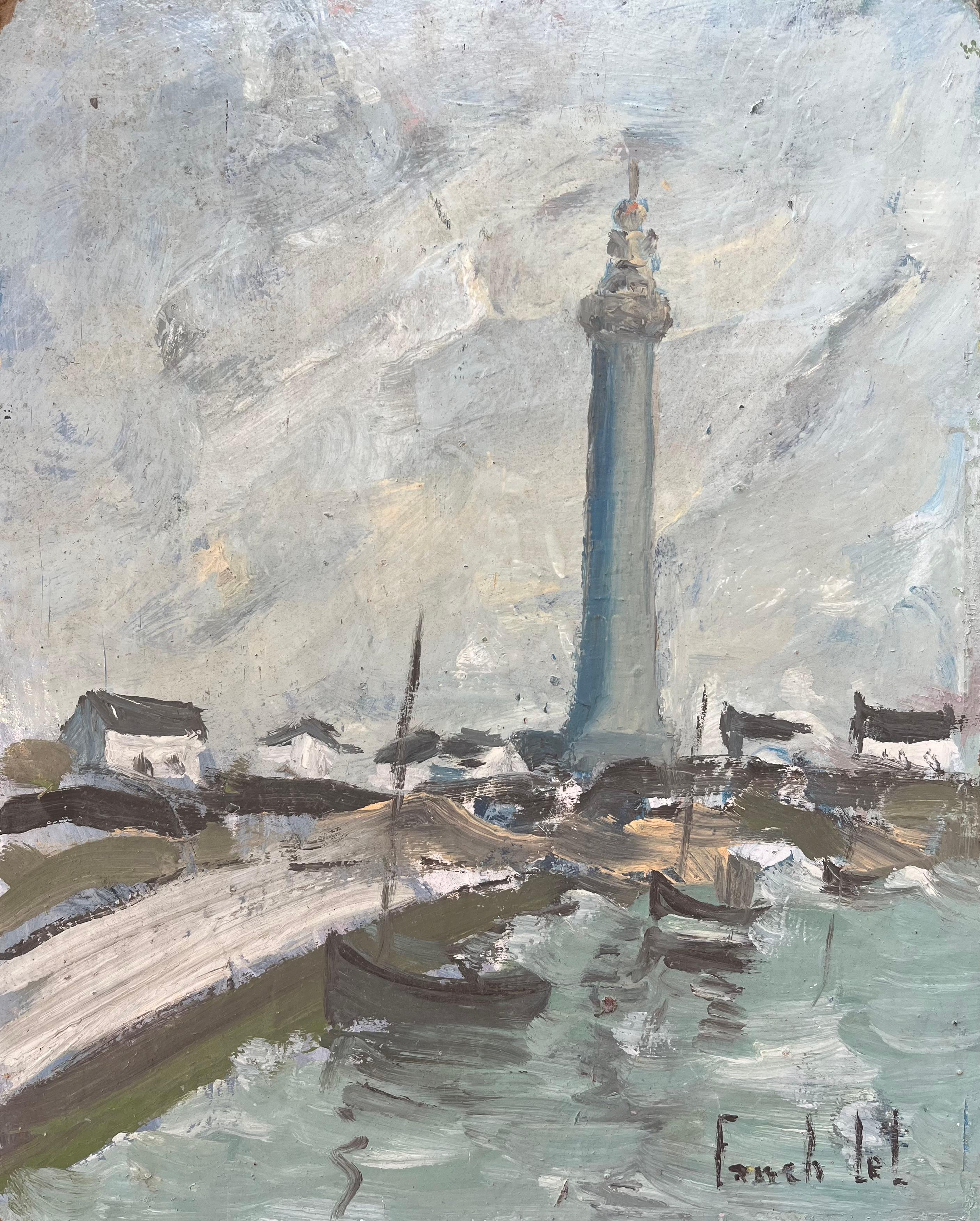 Landscape Painting de Fanch Lel - Óleo Impresionista Francés de Monumento Costero bajo Cielo Nublado