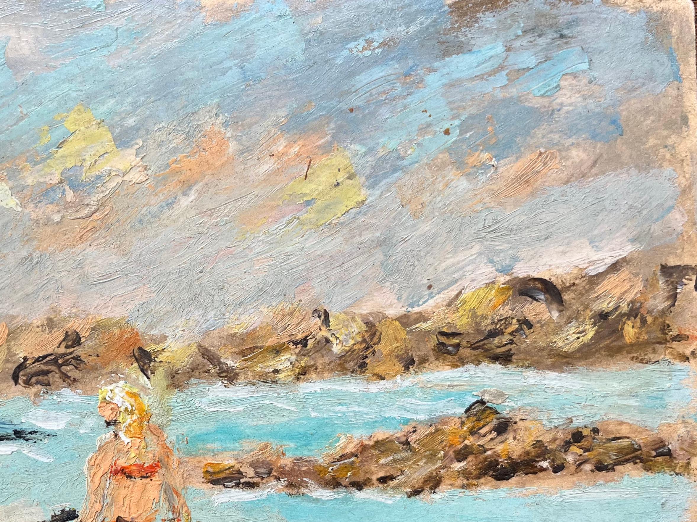 Título: Óleo impresionista francés de Escena costera en Saint-Lunaire
Por Fanch Lel (francés, 1930)
Tamaño: 6 x 8,5 pulgadas (alto x ancho)
Firmado: Sí
Óleo sobre tabla, sin enmarcar
Estado de conservación: El cuadro está en buen estado, con
