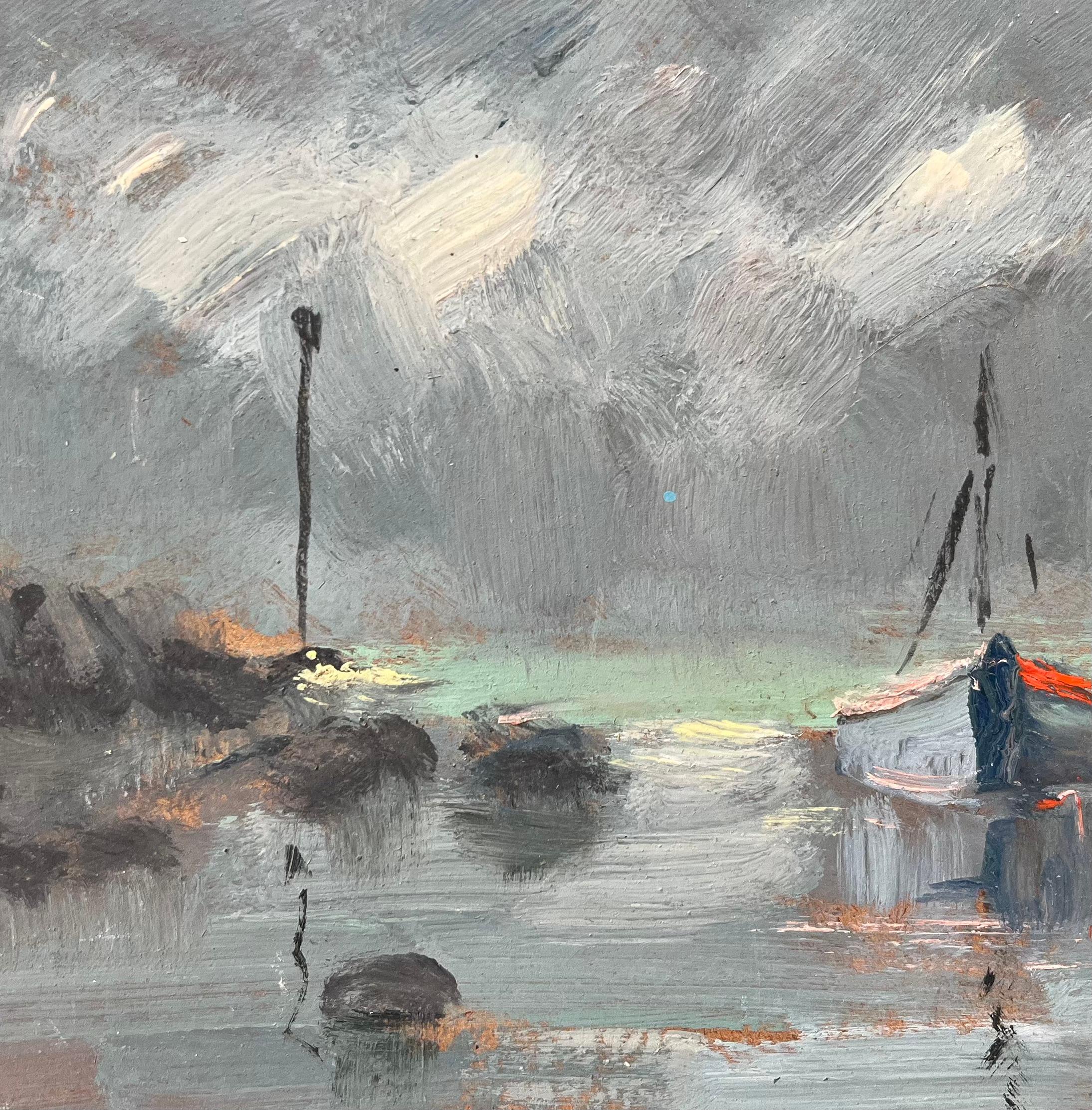 Peinture à l'huile impressionniste française d'une scène côtière avec un bateau à l'ancre - Painting de Fanch Lel