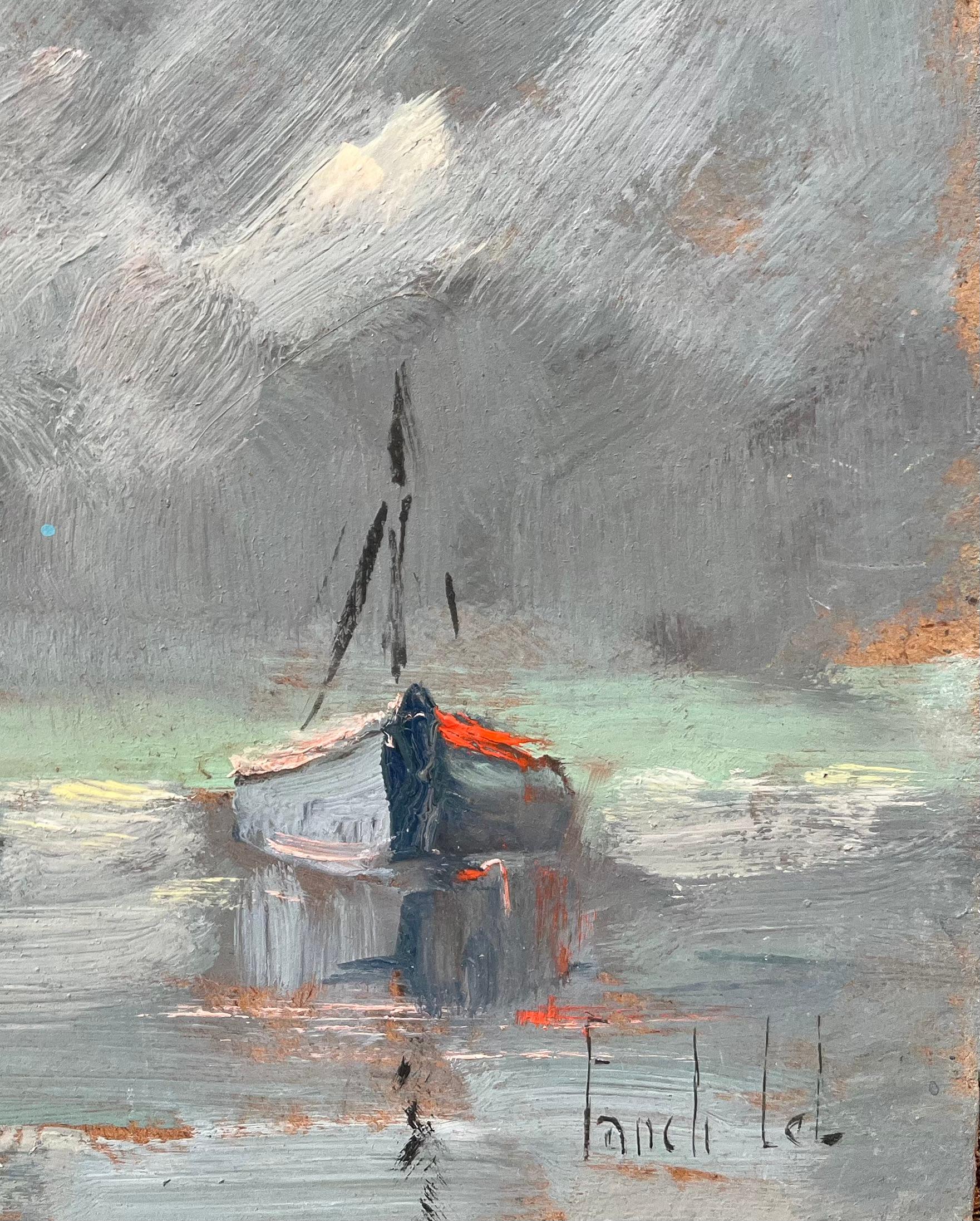 Peinture à l'huile impressionniste française d'une scène côtière avec un bateau à l'ancre - Impressionnisme Painting par Fanch Lel