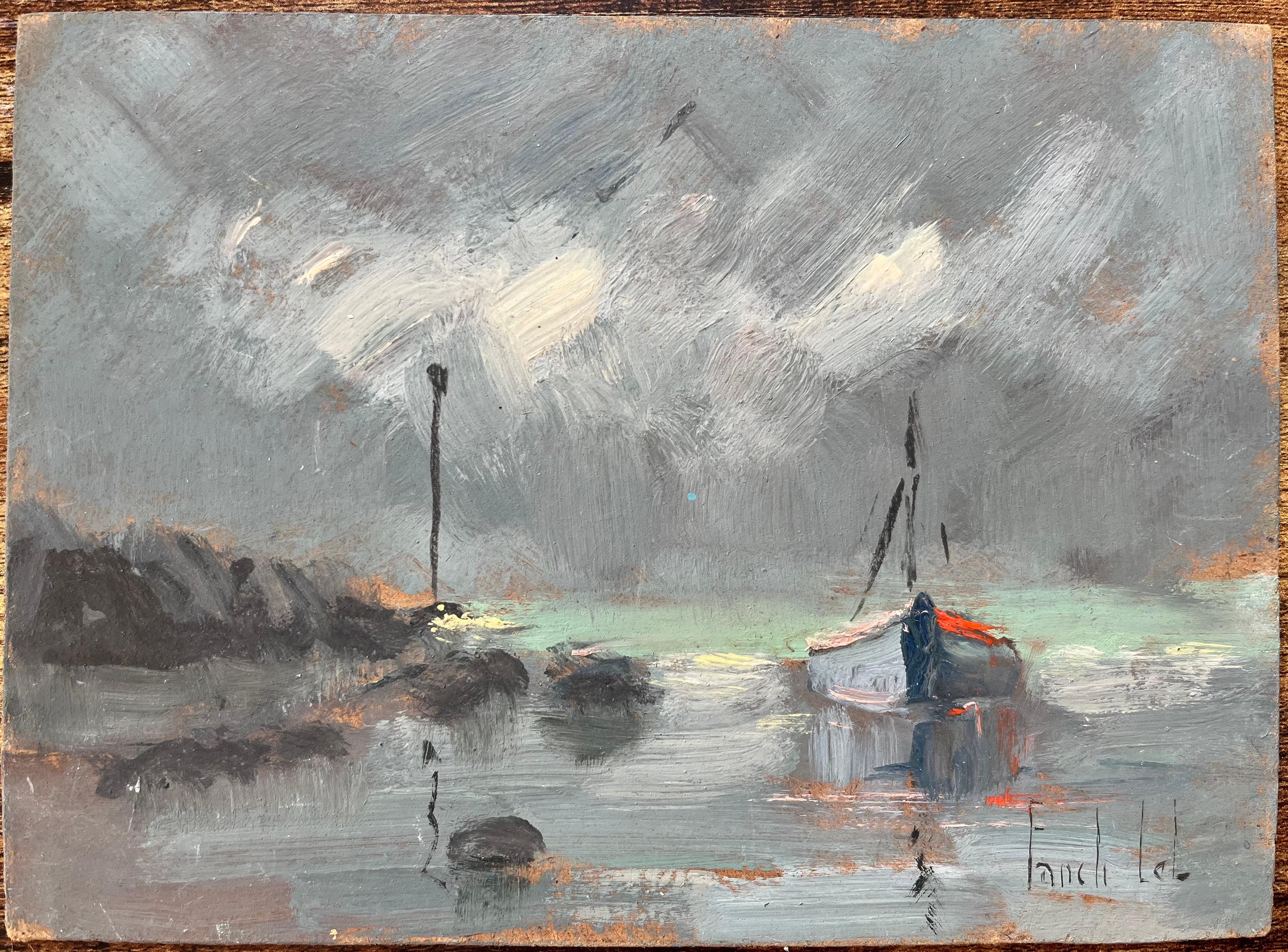 Peinture à l'huile impressionniste française d'une scène côtière avec un bateau à l'ancre - Gris Landscape Painting par Fanch Lel