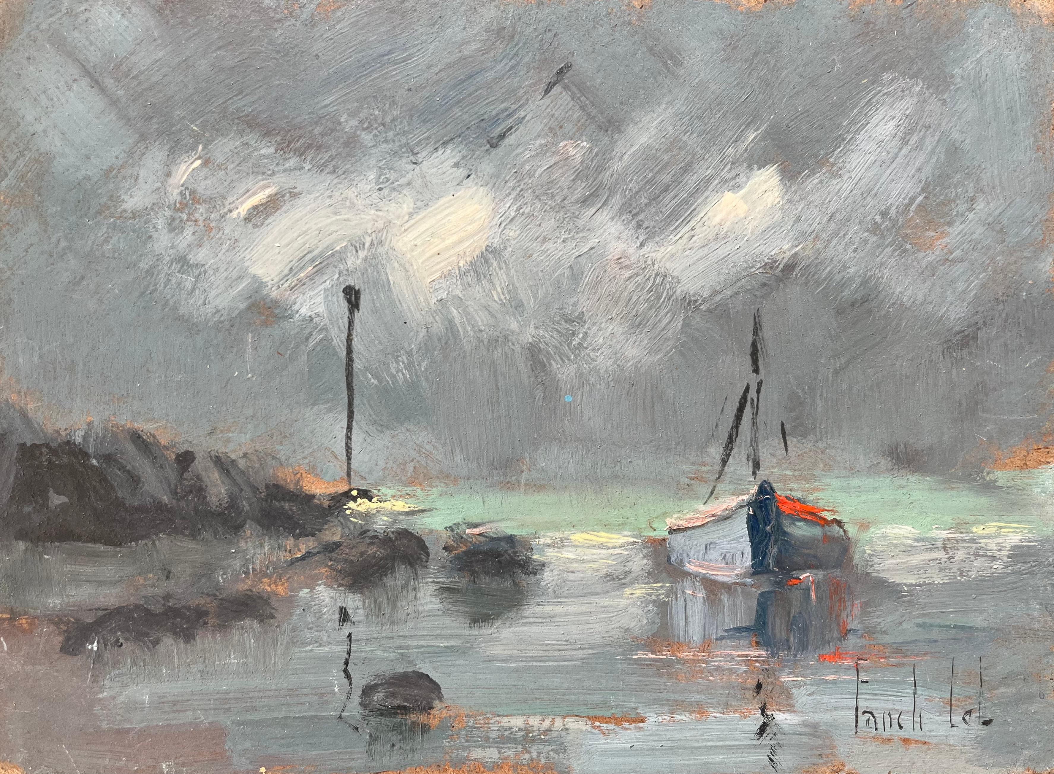 Peinture à l'huile impressionniste française d'une scène côtière avec un bateau à l'ancre