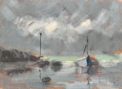 French Impressionist Oil Painting of Coastal Scene with Boat at Anchor
